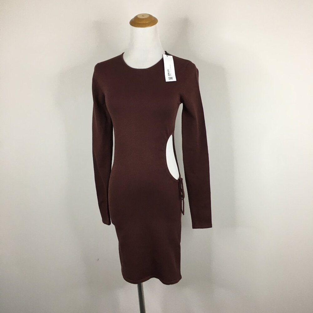 NWT ZARA BrownCircle Cut Out Side Waist Long Sleeve Stretch Knit Midi Dress